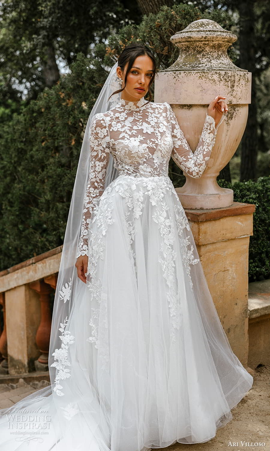 ari villoso 2024 bridal sheer long sleeves high neckline embellished lace bodice a line ball gown wedding dress chapel train (1) mv