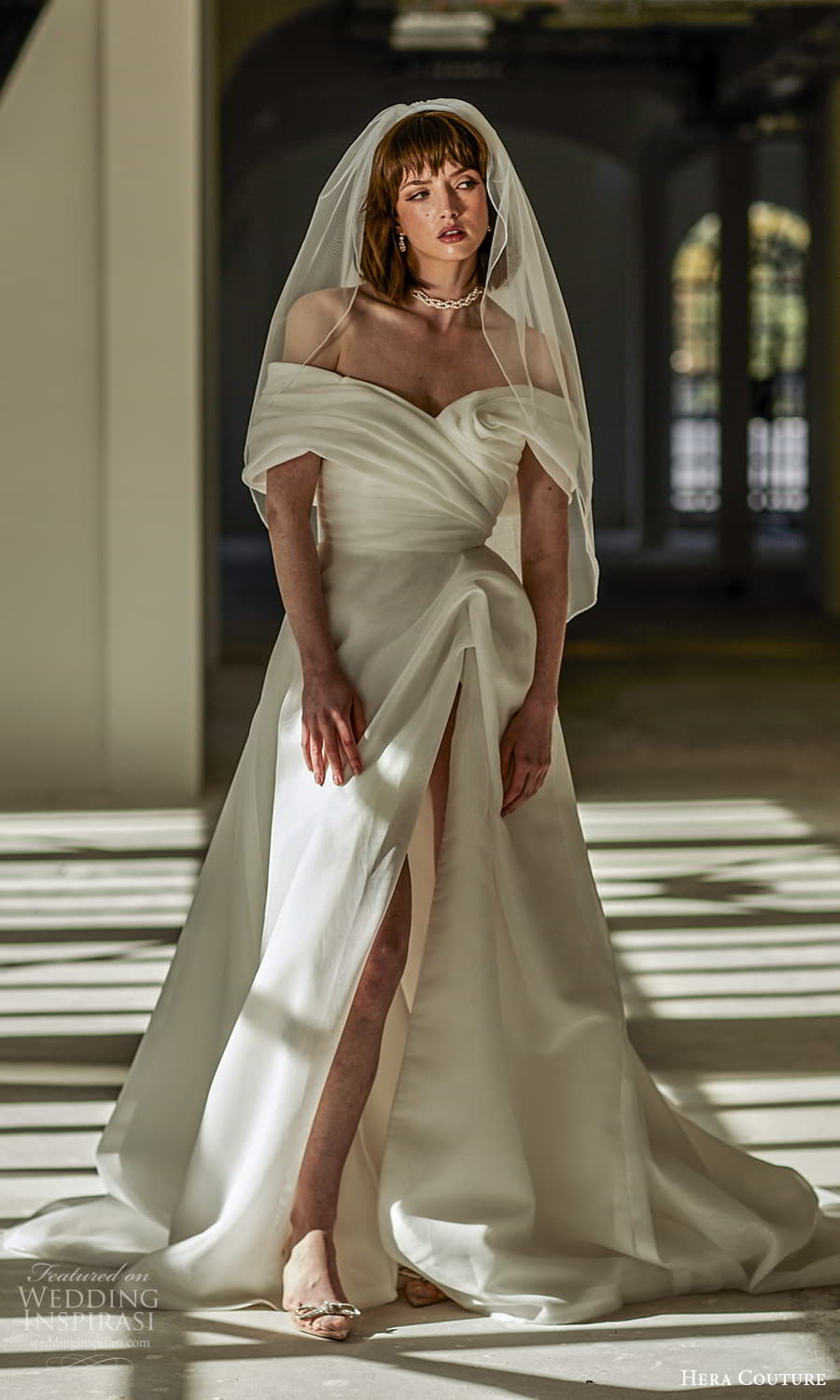 hera couture 2024 bridal off shoulder sleeve portrait neckline pleated bodice clean minimalist a line ball gown wedding dress chapel train (4) mv