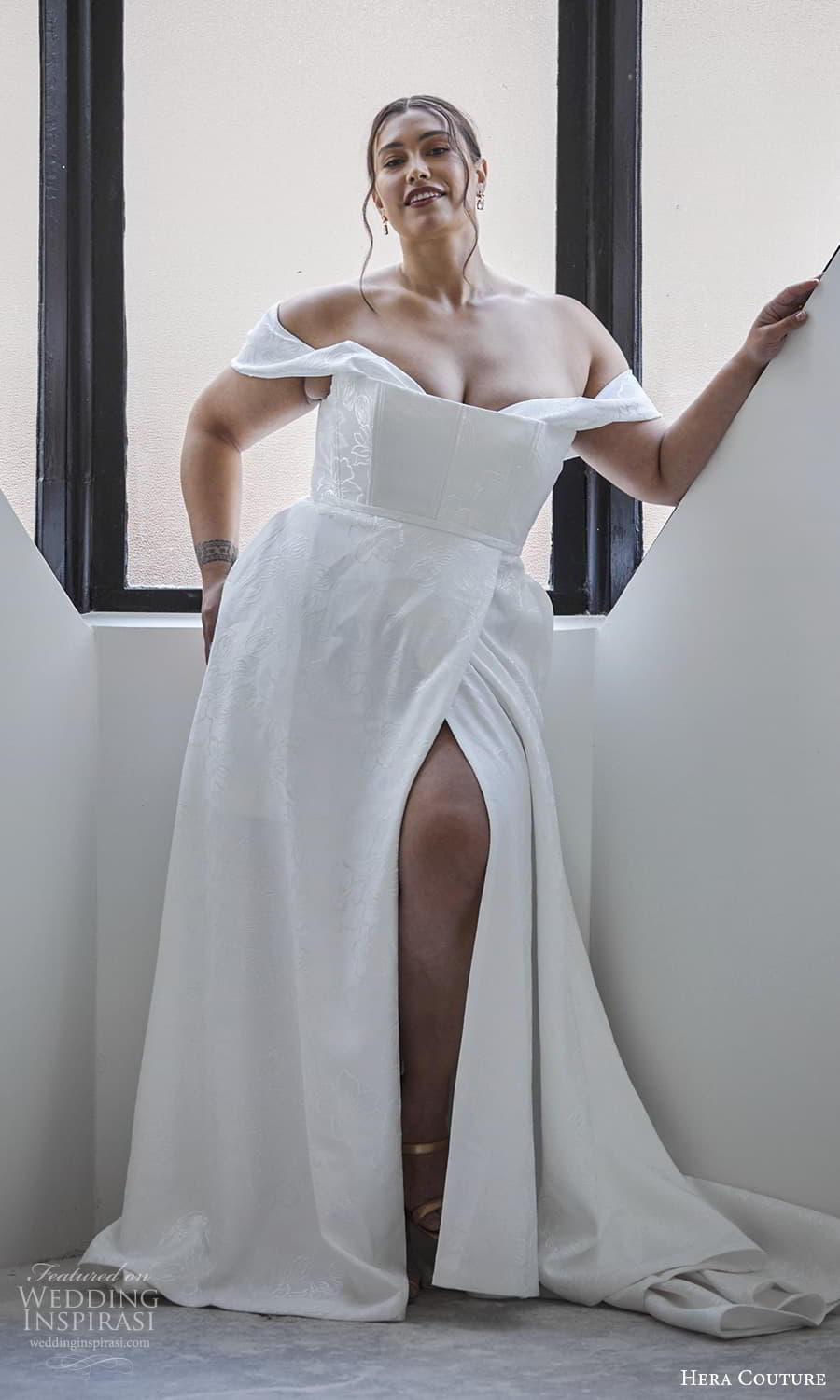 hera couture 2024 bridal off shoulder sleeve straight across neckline corset bodice a line ball gown wedding dress chapel train (5) mv
