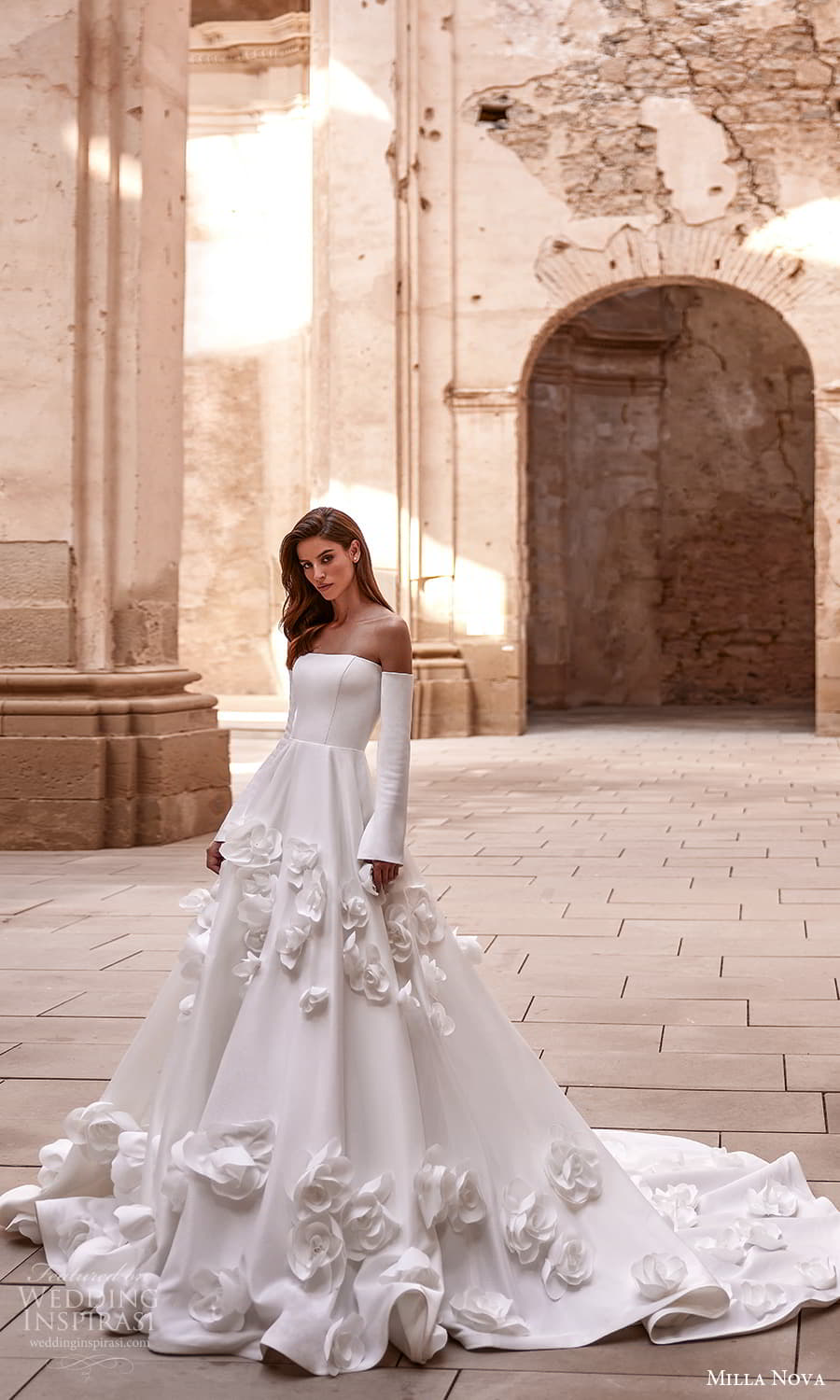 milla nova 2024 couture bridal detached long sleeves strapless straight across neckline clean minimalist a line ball gown wedding dress chapel train (27) mv