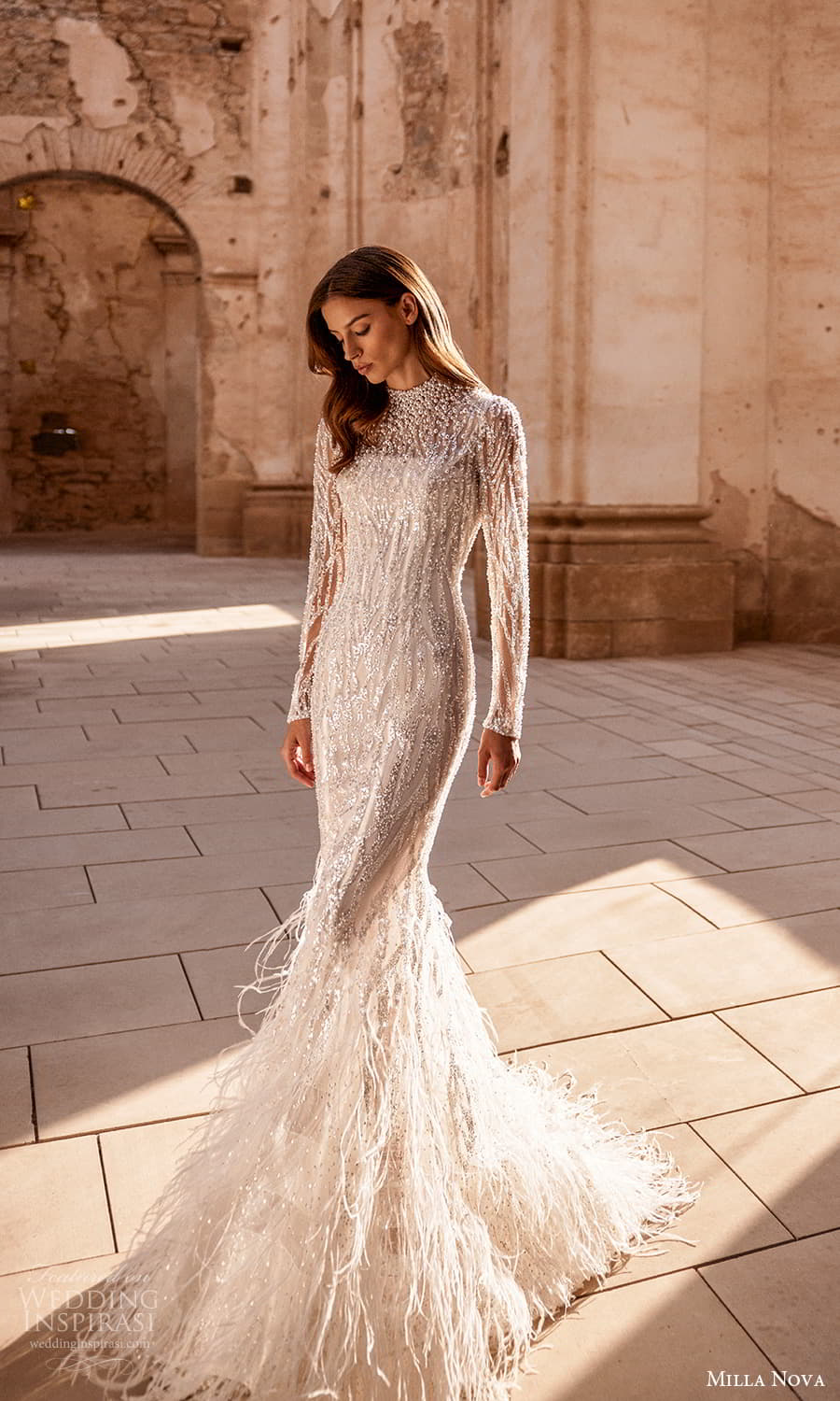 milla nova 2024 couture bridal long sleeve high neckline heavily embelilshed sheath wedding dress chapel train (22) mv