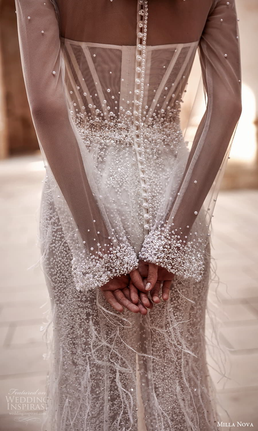 milla nova 2024 couture bridal sheer long sleeve illusion high neckline fully embelilshed sheath wedding dress chapel train (28) zbv