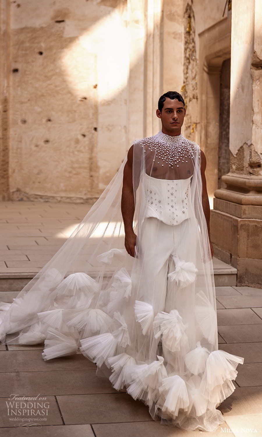 milla nova 2024 couture bridal sleeveless sheer cape dress corset pants trousers wedding dress (17) mv