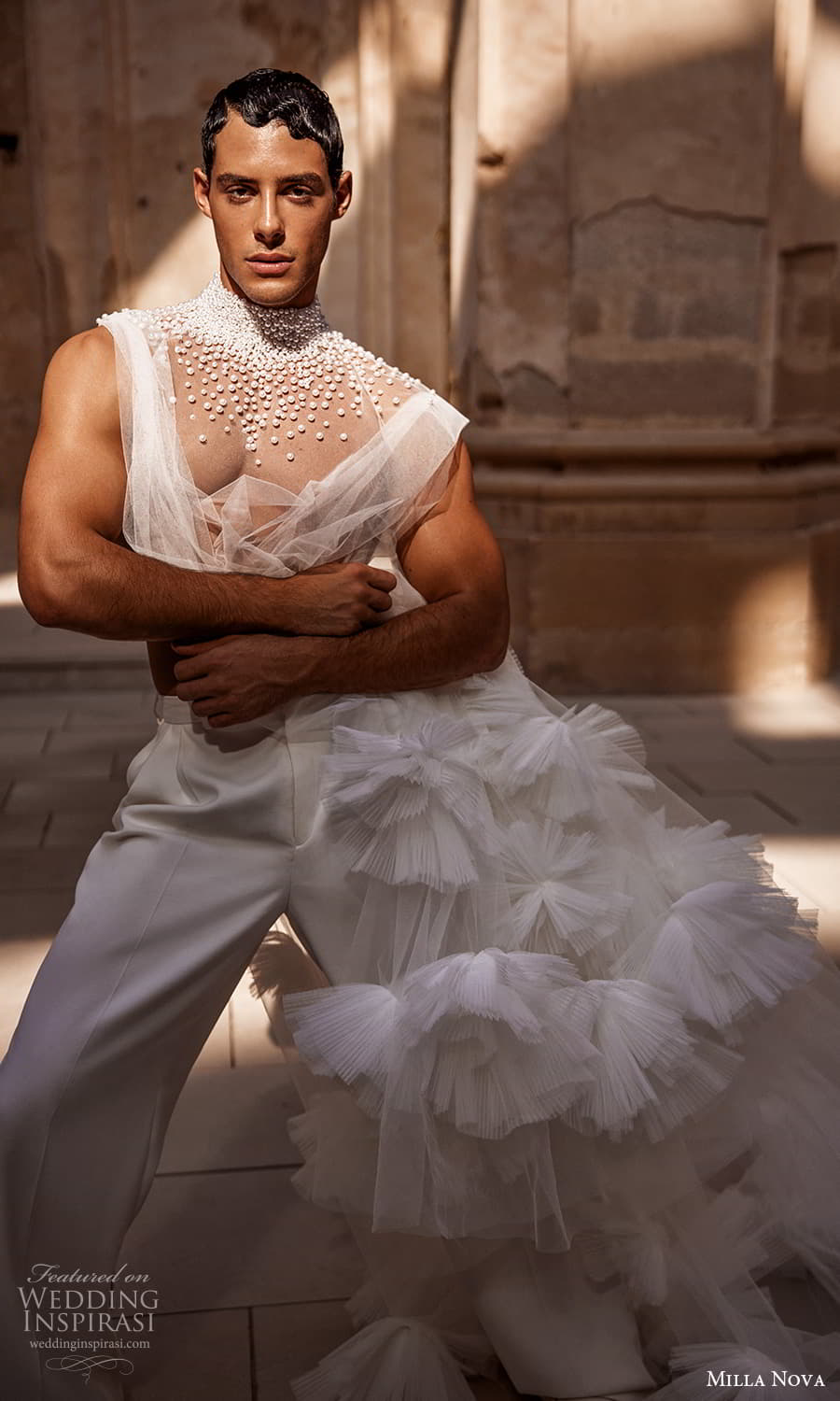 milla nova 2024 couture bridal sleeveless sheer cape dress corset pants trousers wedding dress (17) zv 