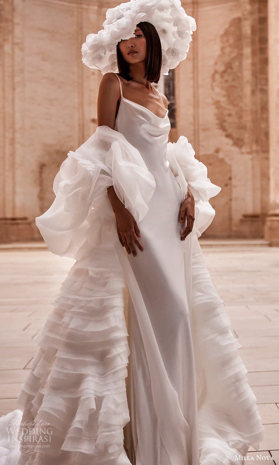 milla nova 2024 couture bridal sleeveless strap cowl neckline clean minimalist sheath wedding dress puff sleeve robe jacket chapel train (8) mv