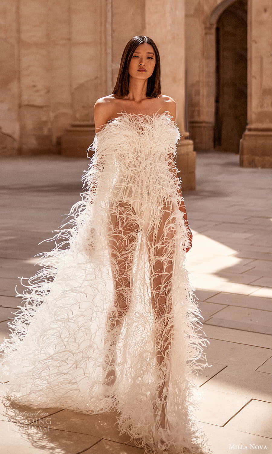 milla nova 2024 couture bridal strapless asymmetric neckline feather tent a line wedding dress chapel train (10) mv