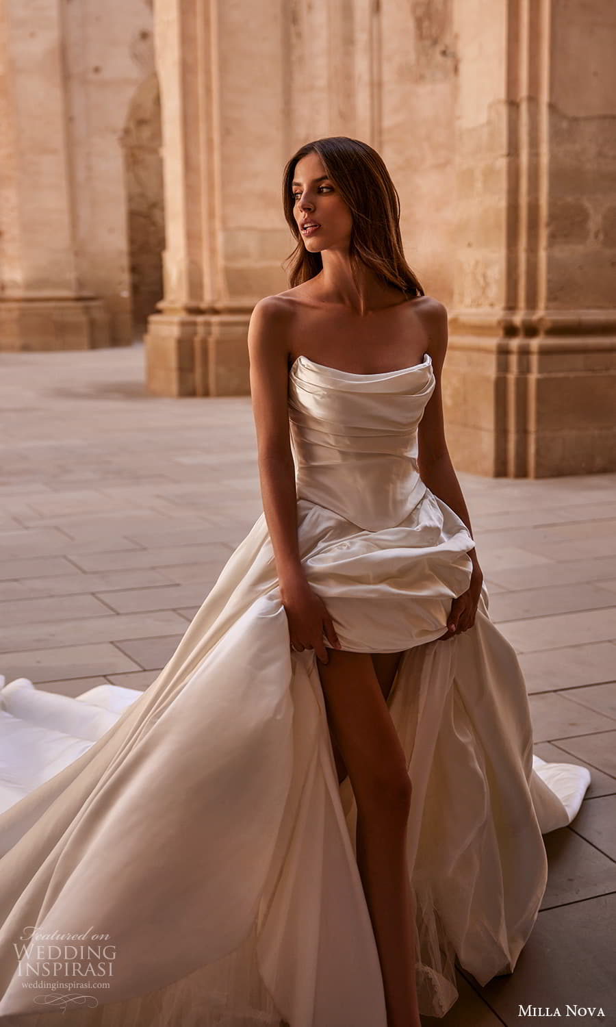 milla nova 2024 couture bridal strapless scoop neckline pleated bodice clean minimalist a line ball gown wedding dress chapel train (6) mv