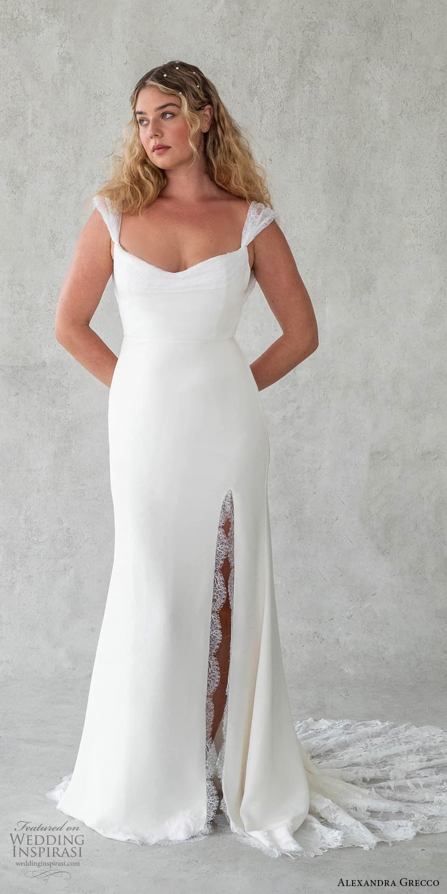 alexandra grecco 2024 bridal cap sleeve wide v neckline clean minimalist column sheath wedding dress slit skirt chapel train (6) mv