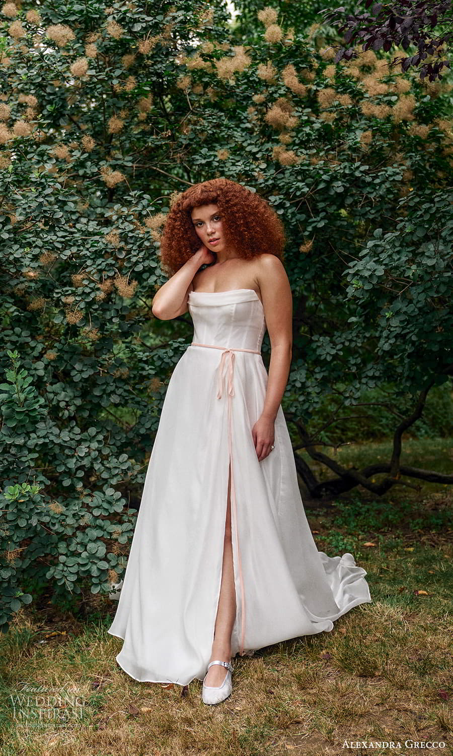 alexandra grecco 2024 bridal strapless semi scoop neckline corset bodice a line wedding dress pink chapel train (25) mv