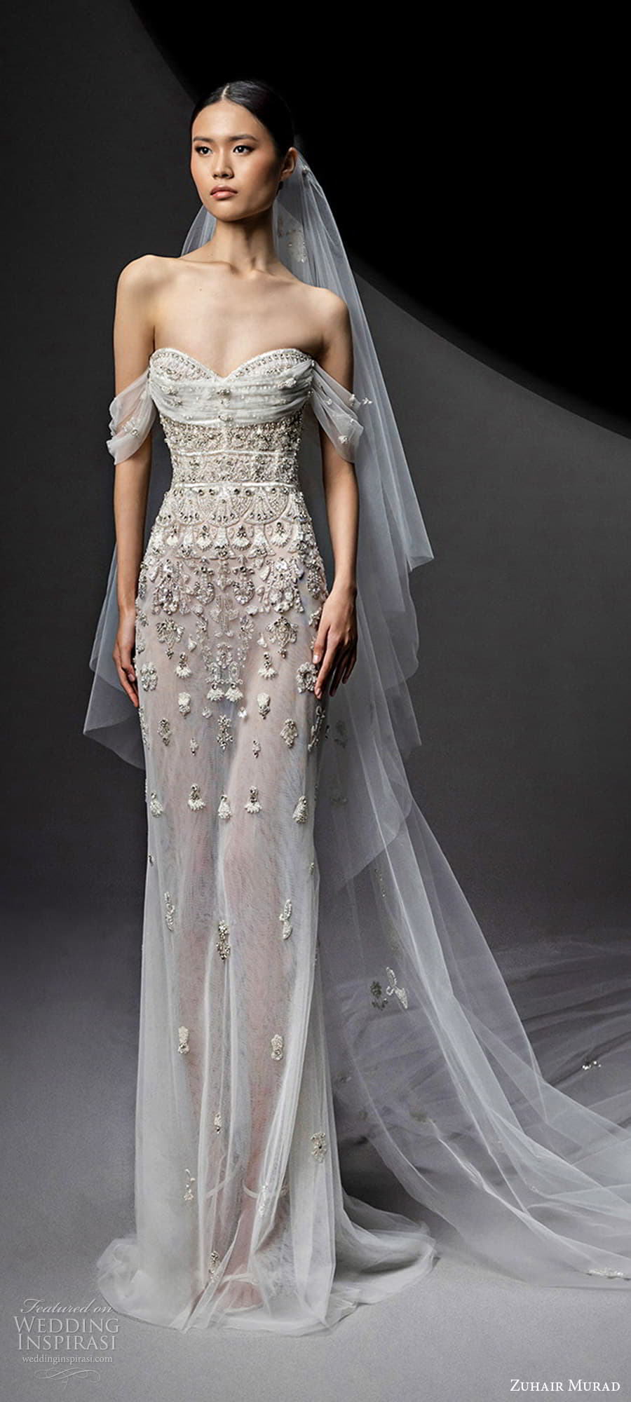 zuhair murad fall 2024 bridal off shoulder drape strap swag sleeve sweetheart neckline heavily embellished bodice column wedding dress chapel train (8) mv