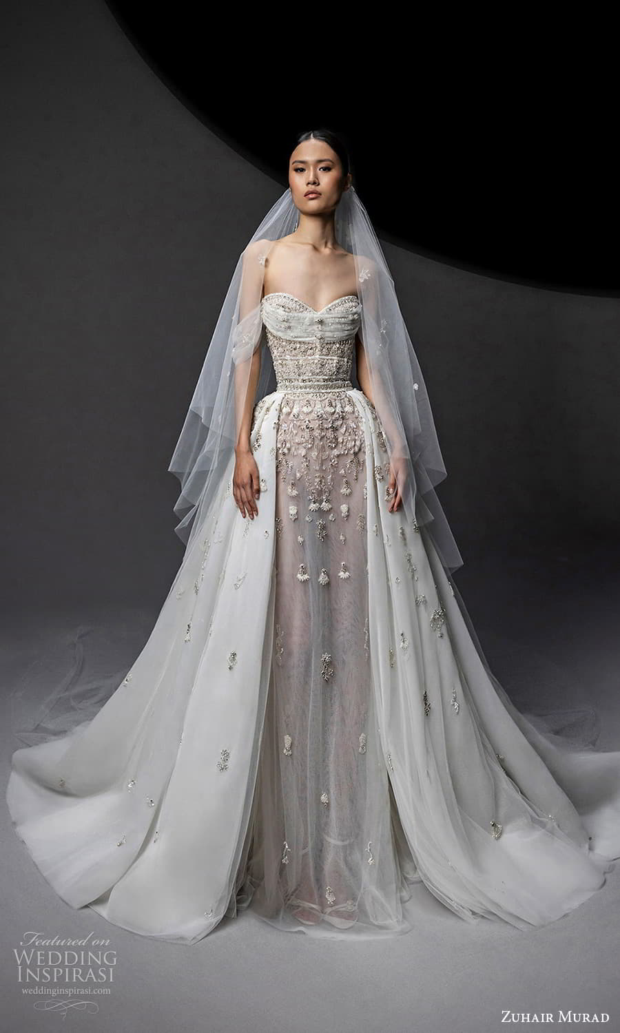 zuhair murad fall 2024 bridal off shoulder drape strap swag sleeve sweetheart neckline heavily embellished bodice column wedding dress chapel train a line overskirt (8) mv