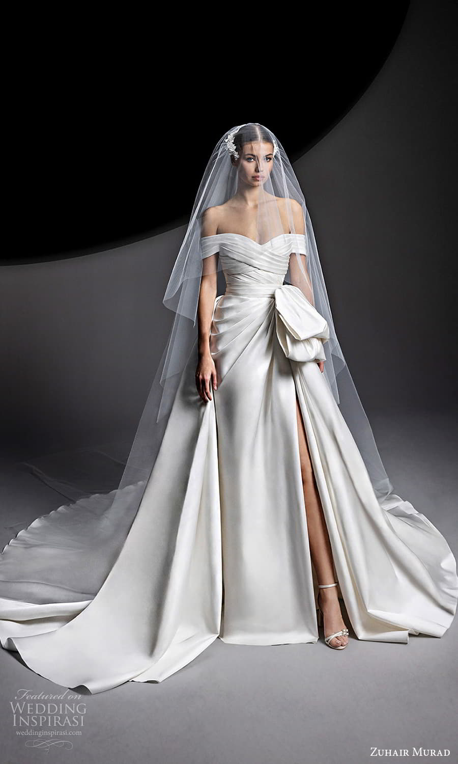 zuhair murad fall 2024 bridal off shoulder strap sweetheart surplice neckline pleated bodice sheath column wedding dress a line overskirt (4) mv