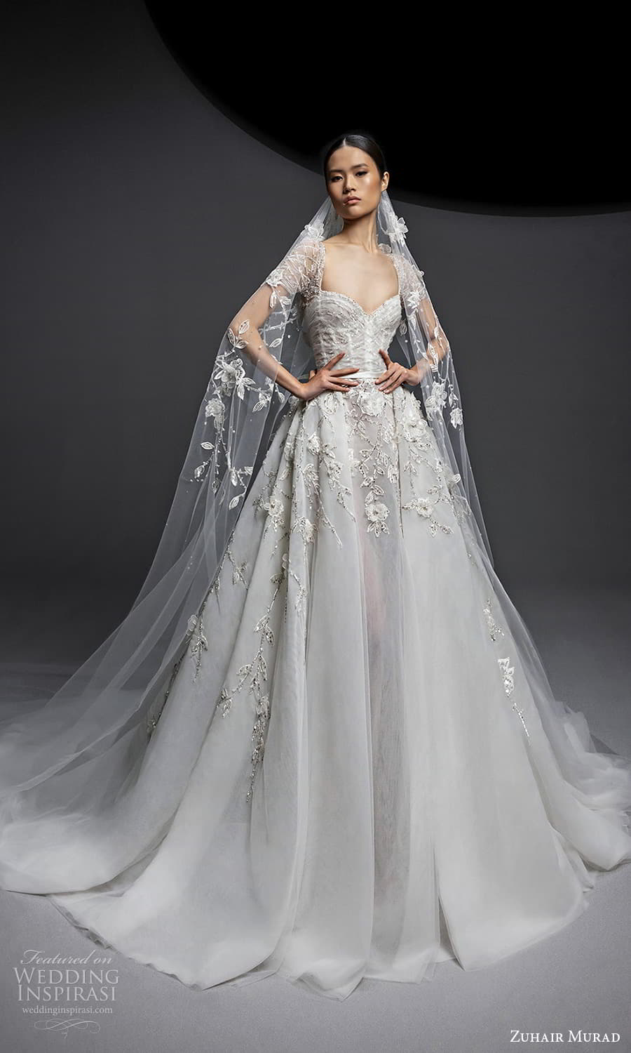 zuhair murad fall 2024 bridal sheer cap sleeve sweetheart neckline embellished bodice a line ball gown wedding dress chapel train (11) mv