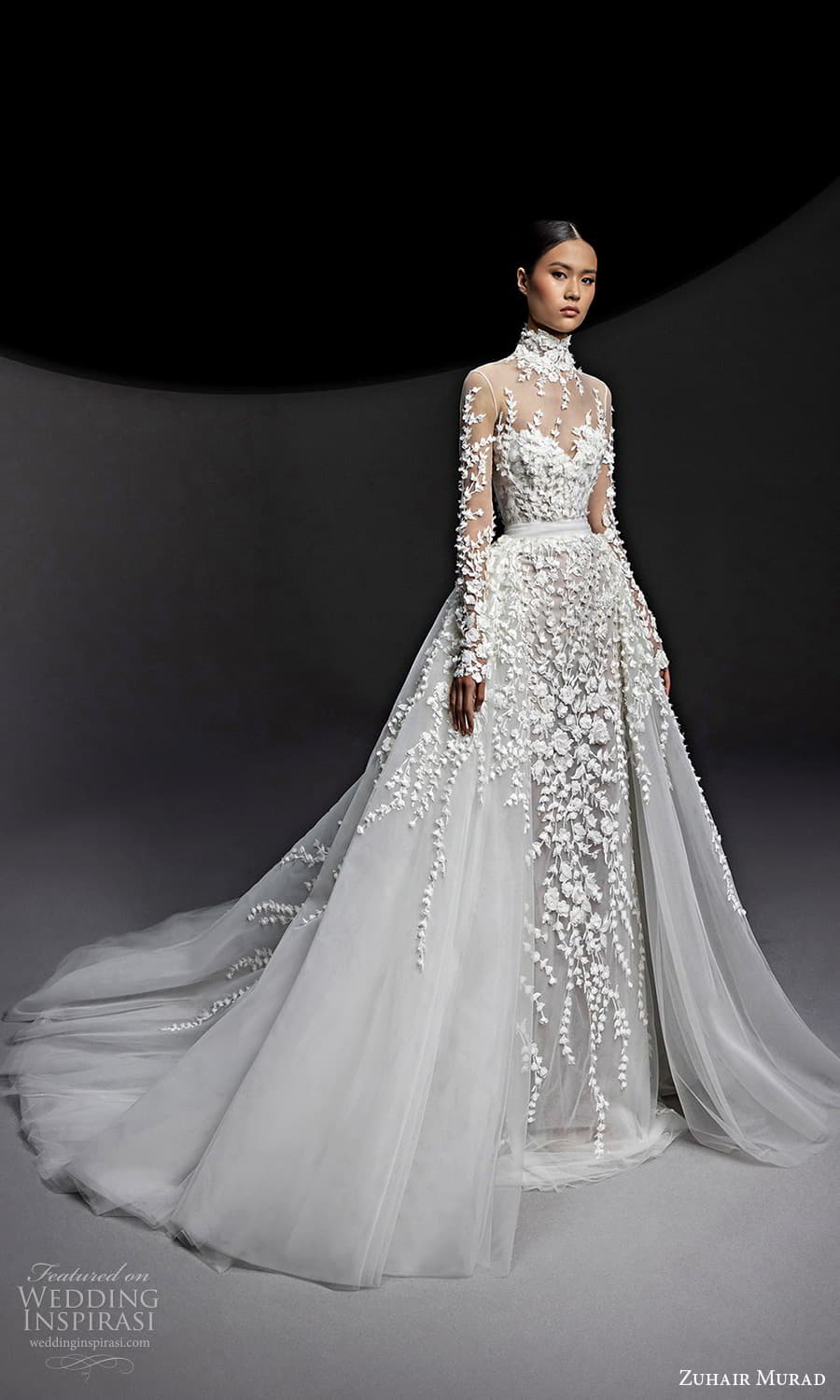 zuhair murad fall 2024 bridal sheer long sleeve high neck top strapless sweetheart neckline fully embellished sheath wedding drss a line overskirt chapel train (2) mv