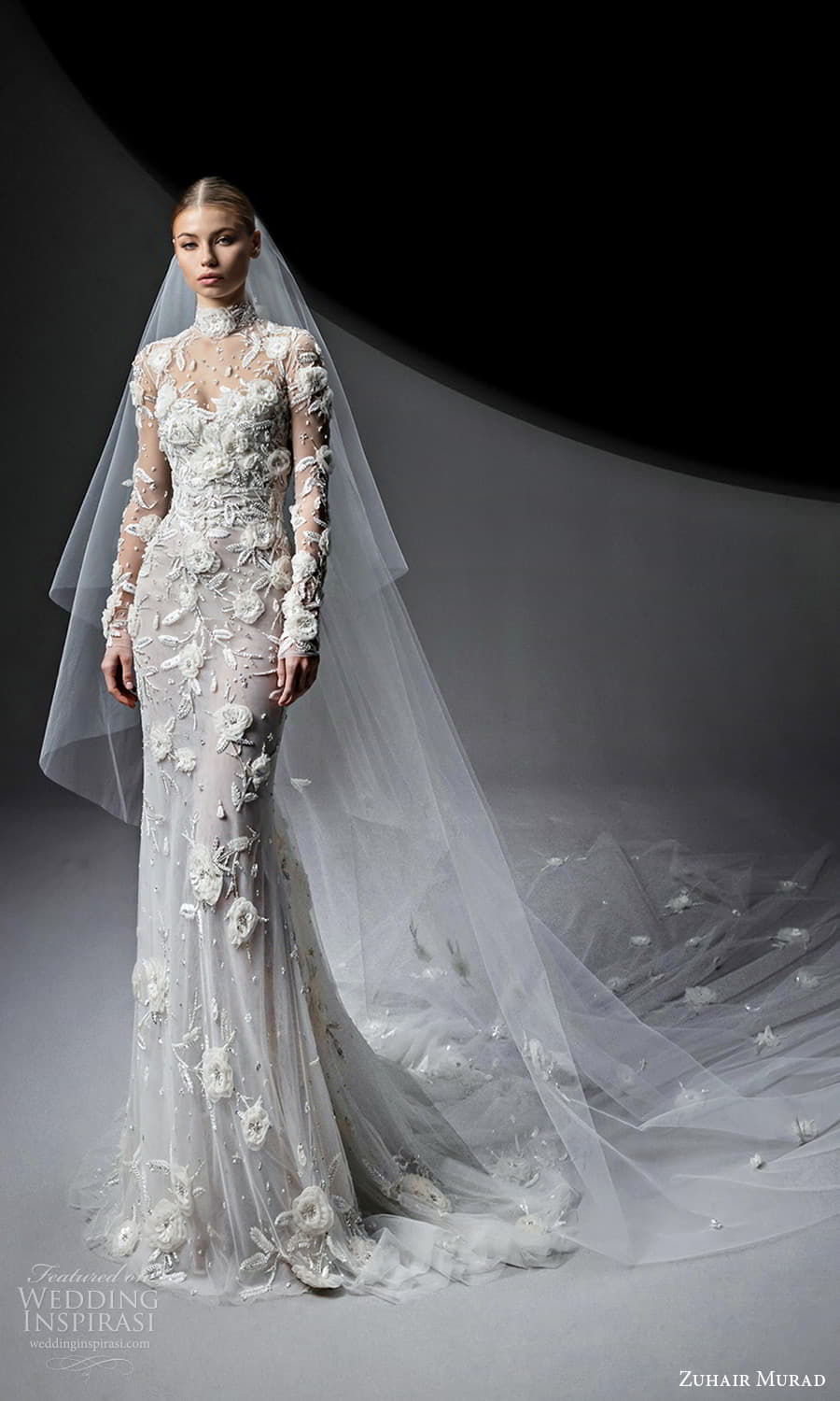 zuhair murad fall 2024 bridal sheer long sleeve highneck top strapless sweetheart neckline a line sheath wedding dress chapel train (10) mv 