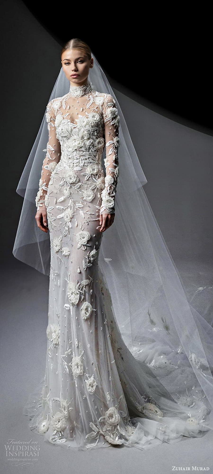 zuhair murad fall 2024 bridal sheer long sleeve highneck top strapless sweetheart neckline a line sheath wedding dress chapel train (10) mv