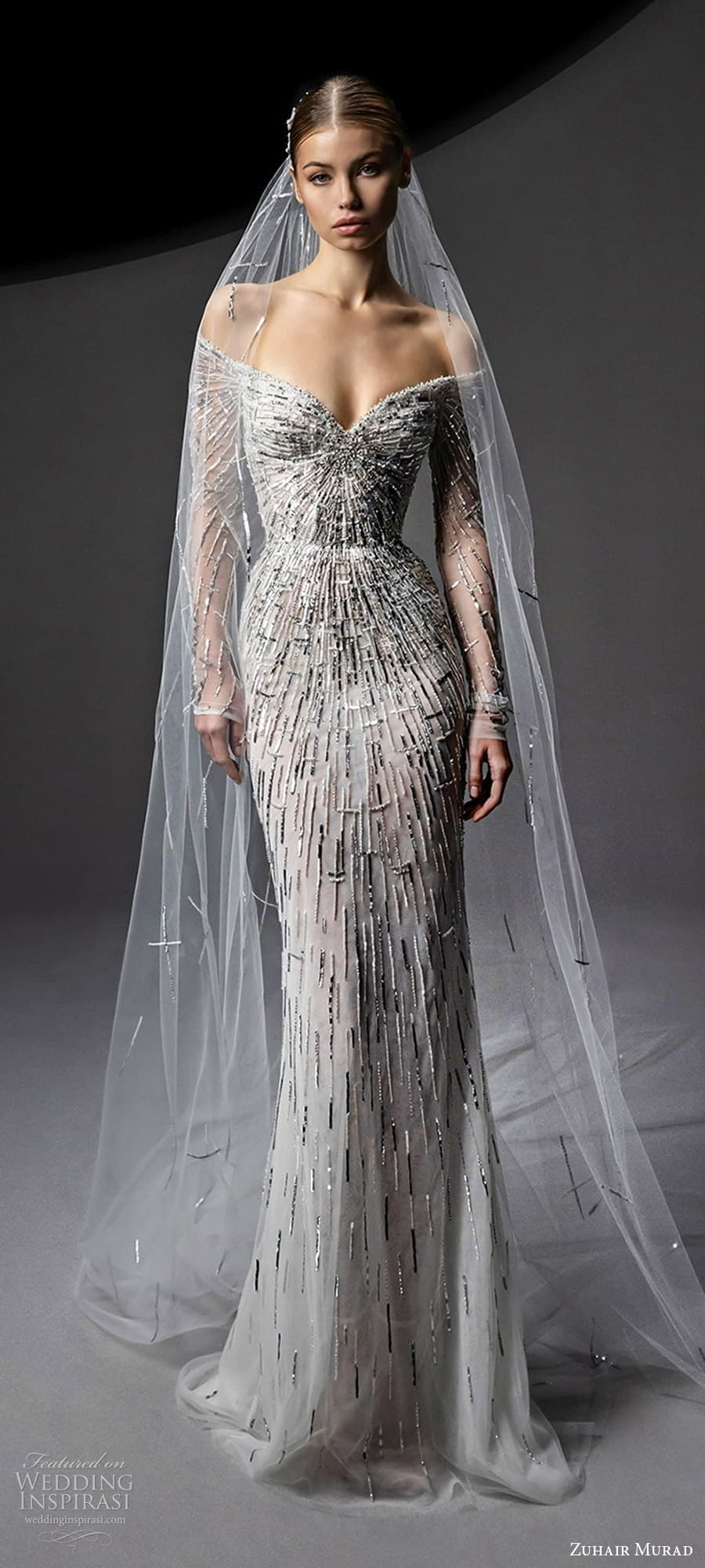 zuhair murad fall 2024 bridal sheer long sleeve off shoulder sweetheart neckline heavily embellished sheath fit flare wedding dress chapel train (12) mv