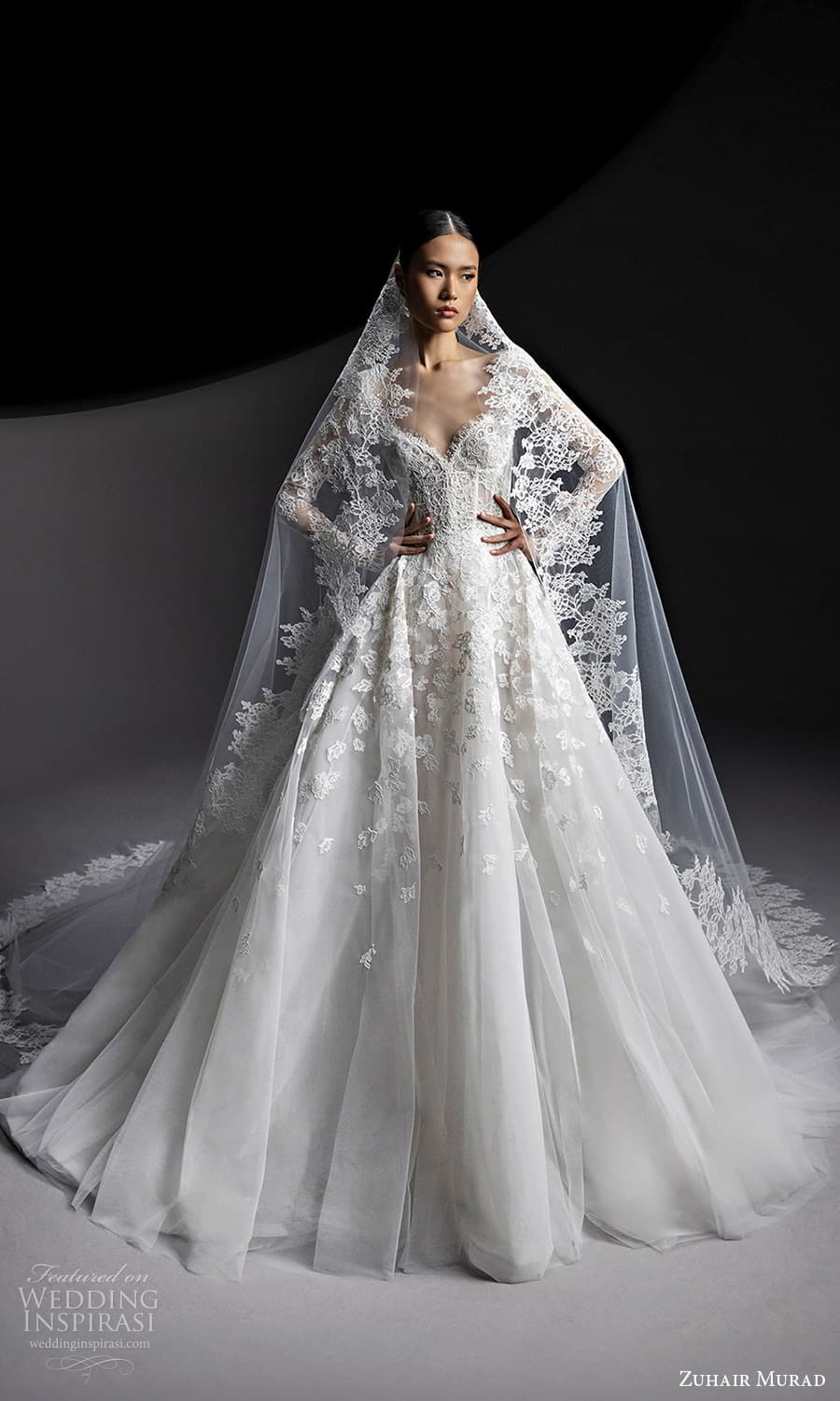 zuhair murad fall 2024 bridal sheer long sleeve sweetheart neckline corset bodice a line ball gown wedding dress chapel train (1) mv veil