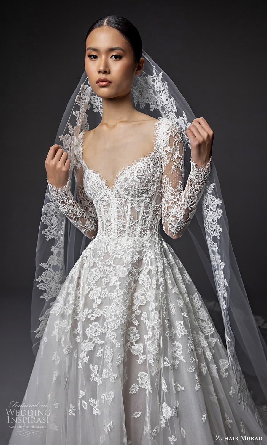 zuhair murad fall 2024 bridal sheer long sleeve sweetheart neckline corset bodice a line ball gown wedding dress chapel train (1) mv