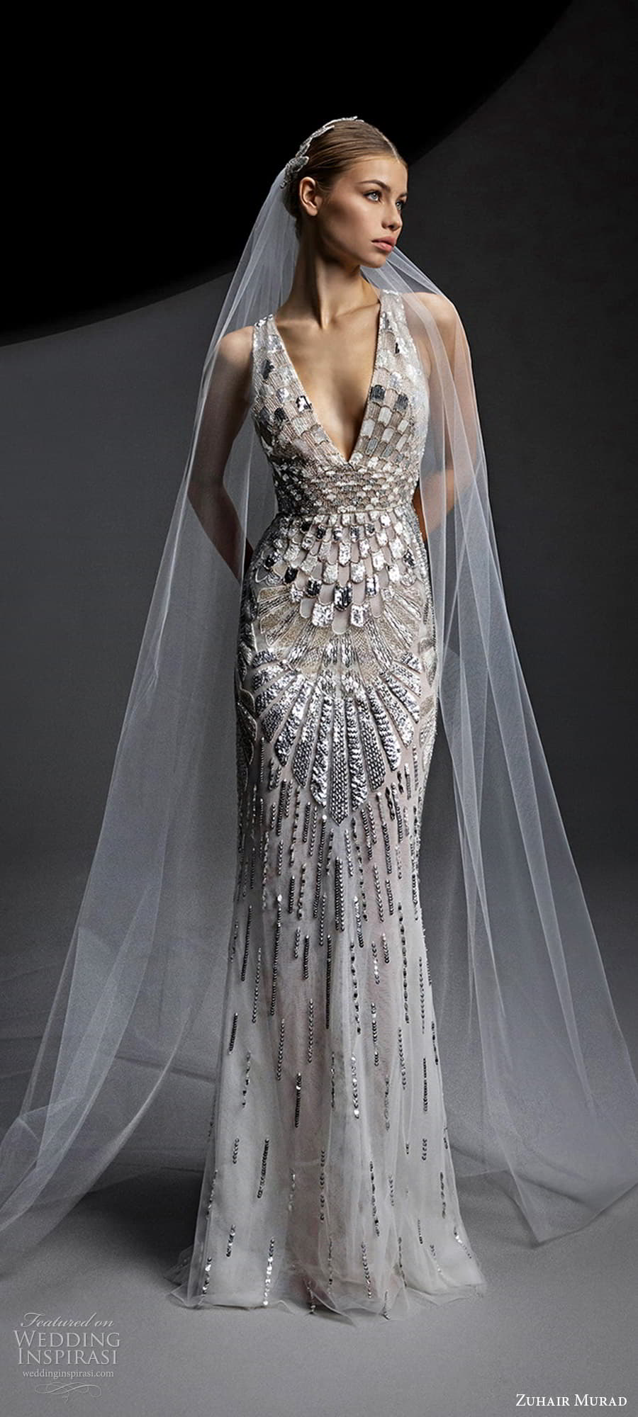 zuhair murad fall 2024 bridal sleeveless strap v neckline heavily embellished sheath wedding dress a line ball gown overskirt chapel train (3) lv