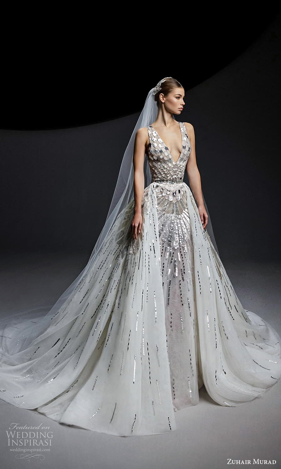 zuhair murad fall 2024 bridal sleeveless strap v neckline heavily embellished sheath wedding dress a line ball gown overskirt chapel train (3) mv