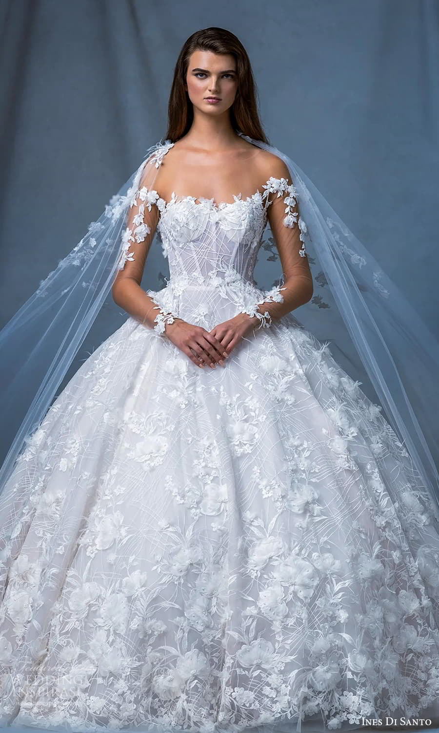 ines di santo fall 2024 bridal illusion long sleeve sweetheart neckline fully embellished ball gown wedding dress chapel train sheer cape (15) mv