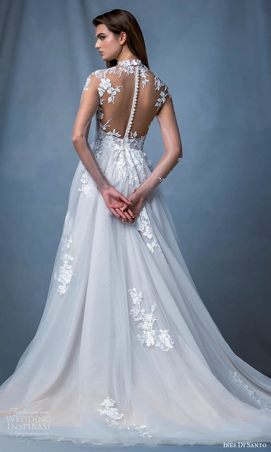 ines di santo fall 2024 bridal sheer long sleeve illusion jewel neckline embellished bodice a line wedding dress chapel train (13) bv