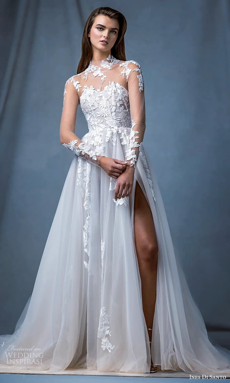 ines di santo fall 2024 bridal sheer long sleeve illusion jewel neckline embellished bodice a line wedding dress chapel train (13) mv