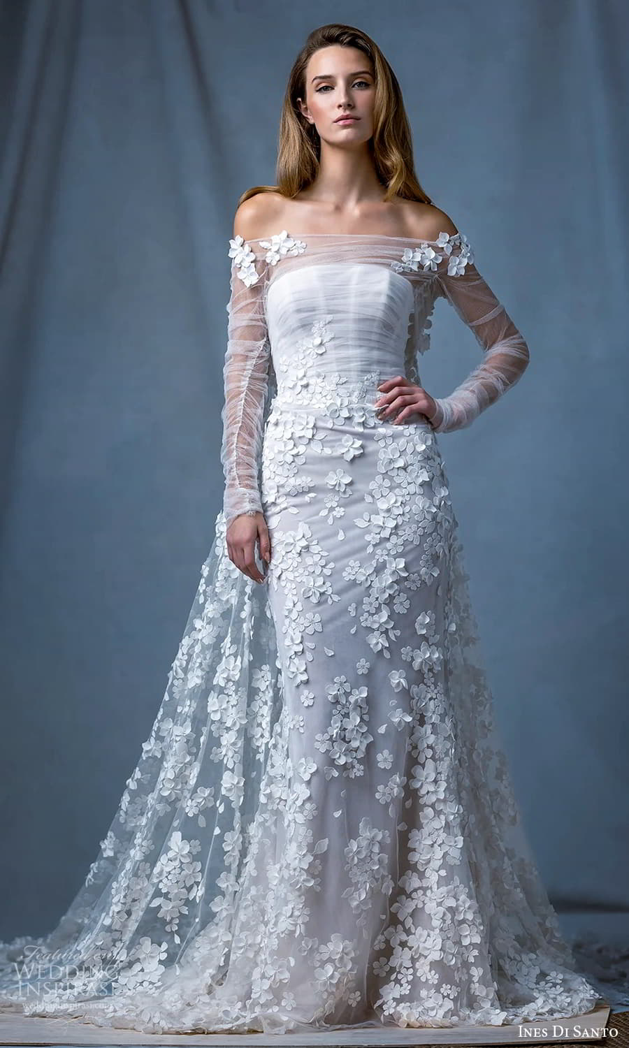 ines di santo fall 2024 bridal sheer long sleeve off shoulder straight across neckline ruched bodice a line sheath wedding dress chapel train (14) mv