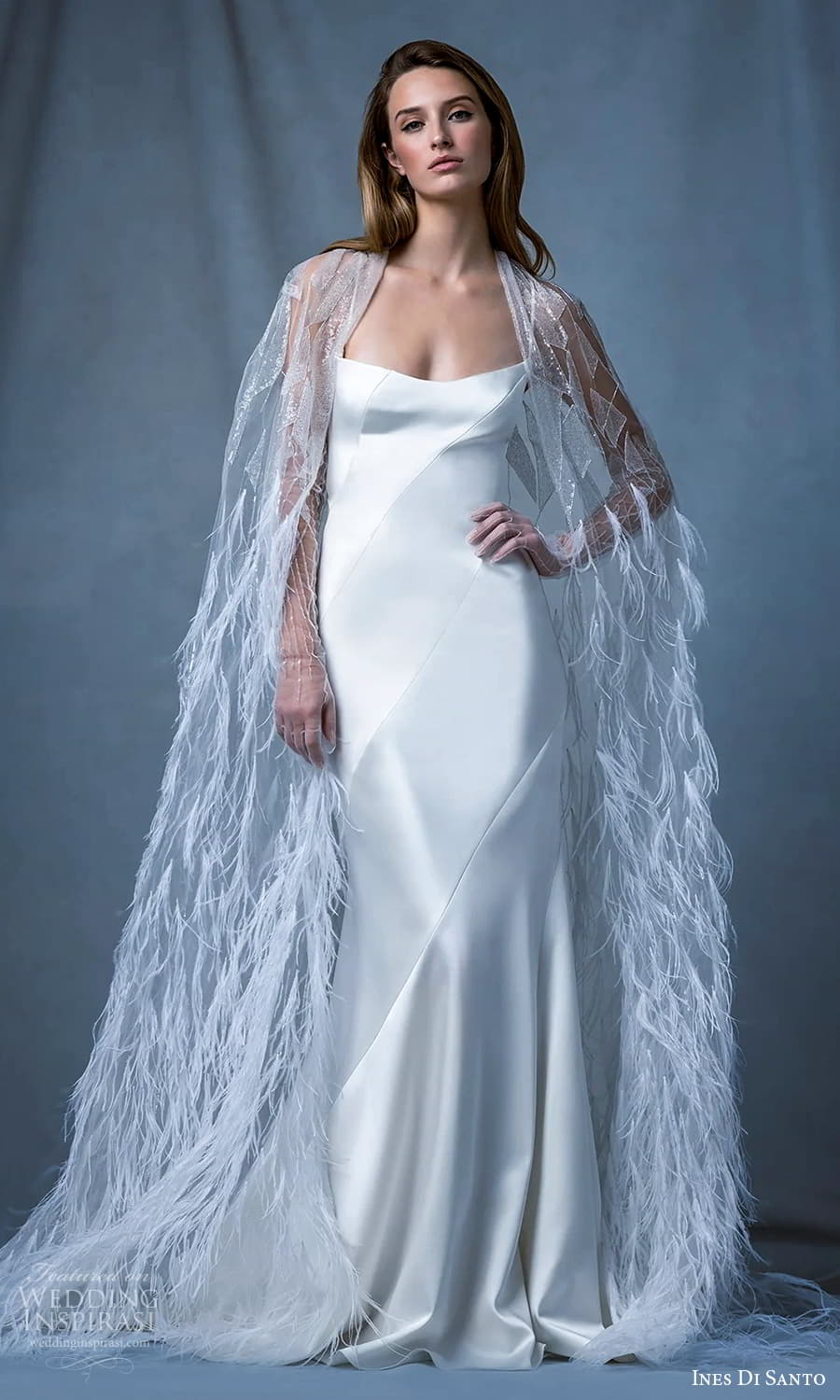 ines di santo fall 2024 bridal sleeveless spaghetti straps sheath wedding dress chapel train sheer illusion cape (7) mv