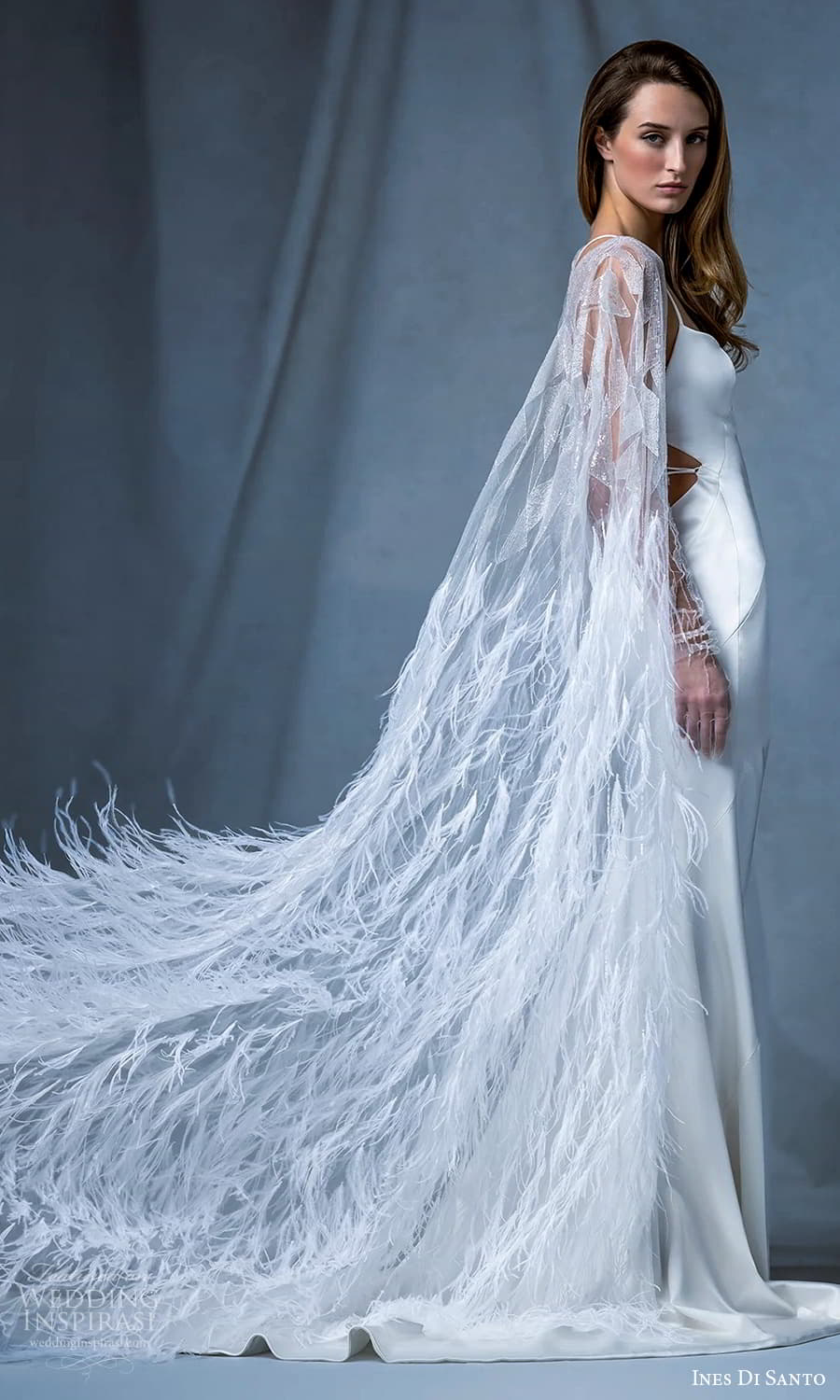 ines di santo fall 2024 bridal sleeveless spaghetti straps sheath wedding dress chapel train sheer illusion cape (7) sv