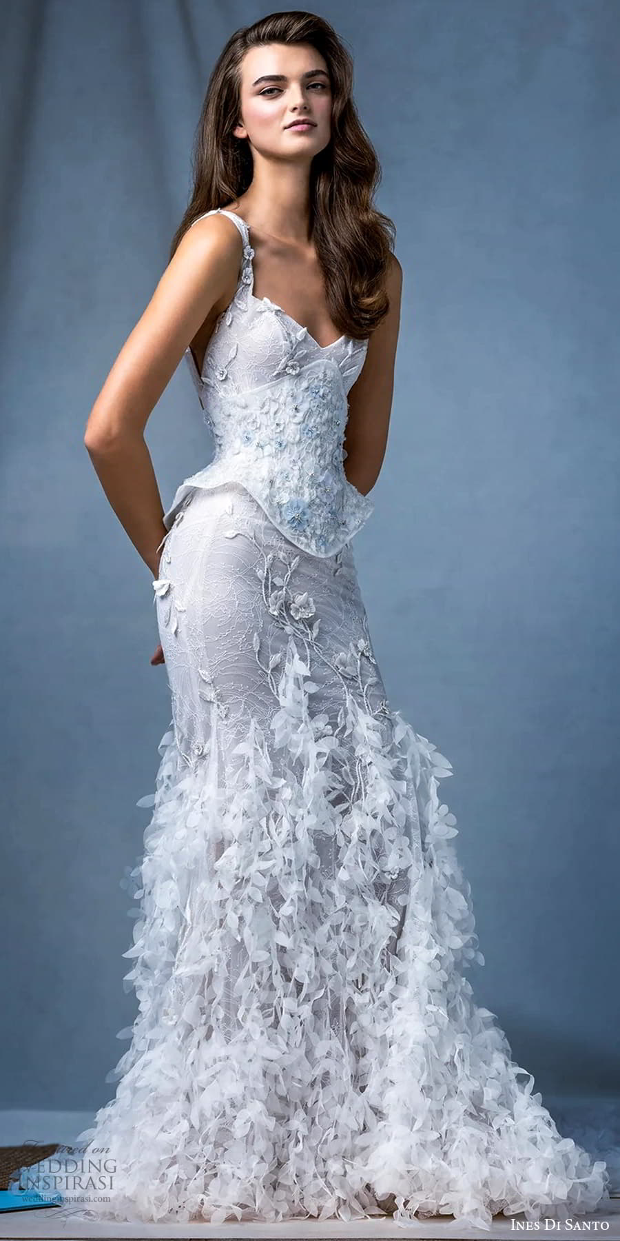 ines di santo fall 2024 bridal sleeveless straps sweetheart neckline heavily embellished corset bodice peplum mermaid trumpet wedding dress chapel train (1) mv