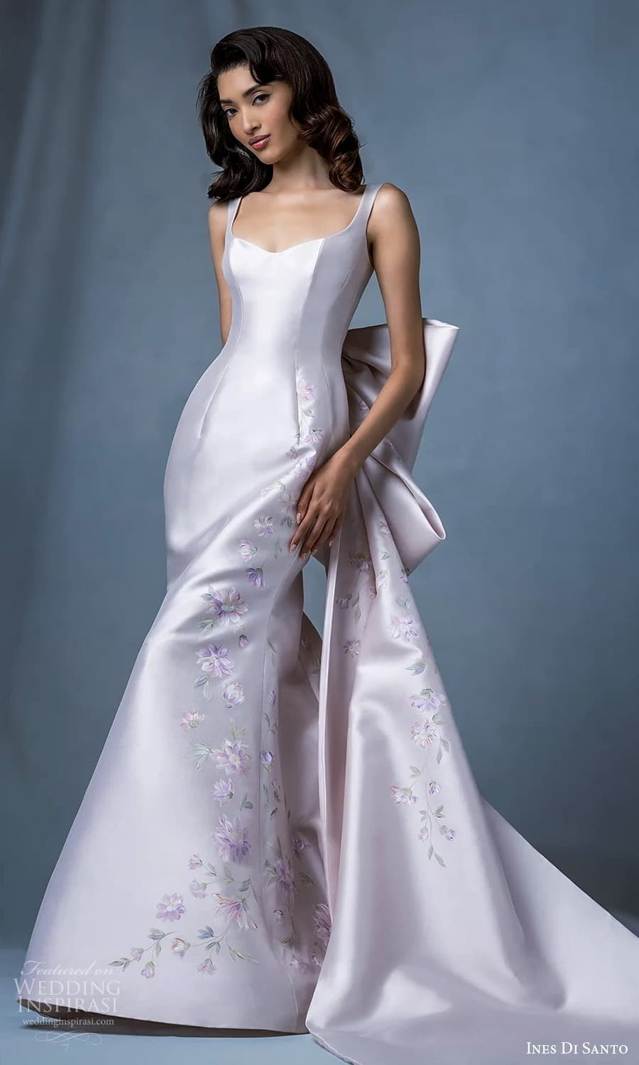 ines di santo fall 2024 bridal sleeveless thick straps semi sweetheart neckline clean minimalist mermaid trumpet wedding dress chapel train bow back pale pink color (5) mv