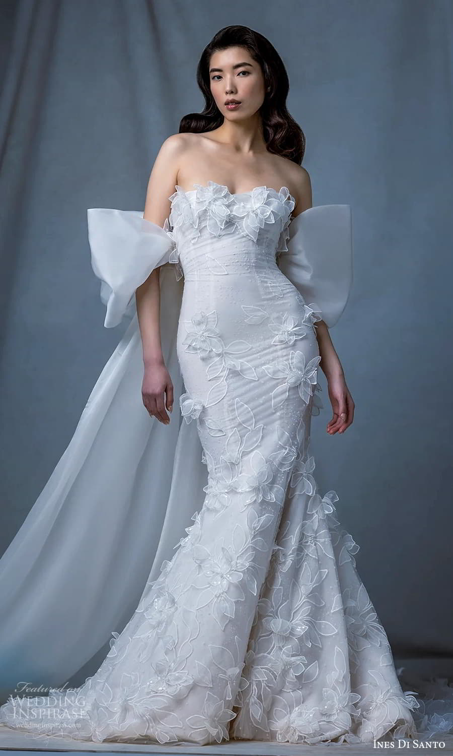 ines di santo fall 2024 bridal strapless embellished semi sweetheart neckline ruched bodice sheath wedding dress chapel train (6) mv