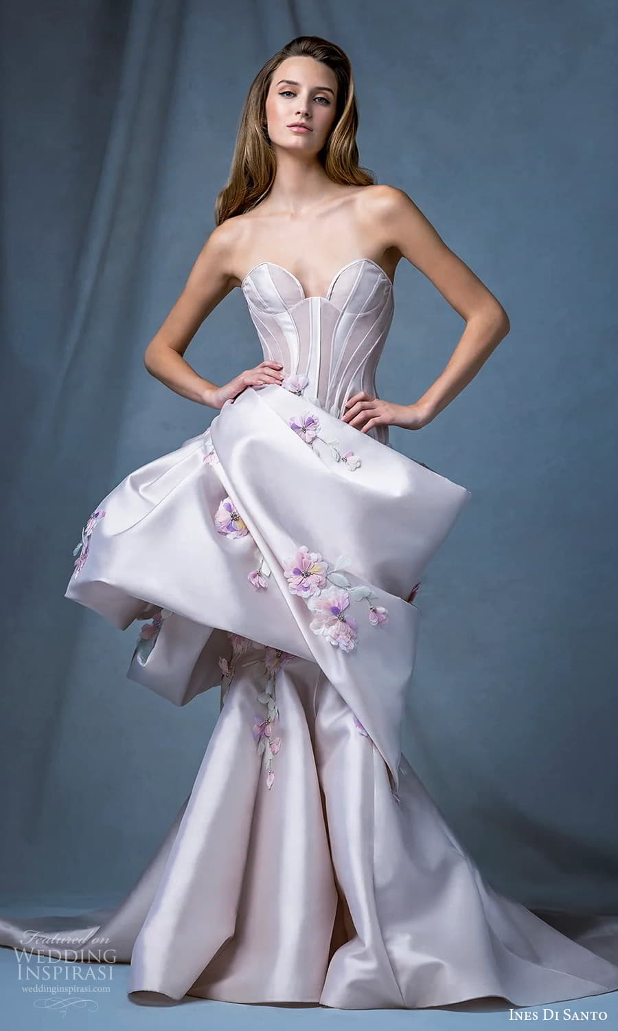 ines di santo fall 2024 bridal strapless sweetheart neckline corset bodice fit flare trumpet wedding dress pale pink color chapel train (2) mv