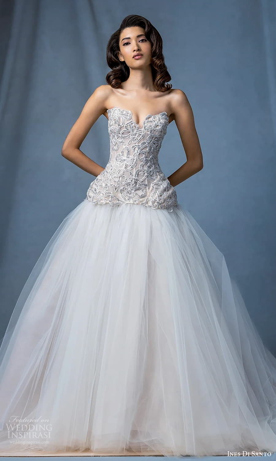 ines di santo fall 2024 bridal strapless sweetheart neckline heavily embellished bodice dropped waist ball gown wedding dress chapel train (9) mv