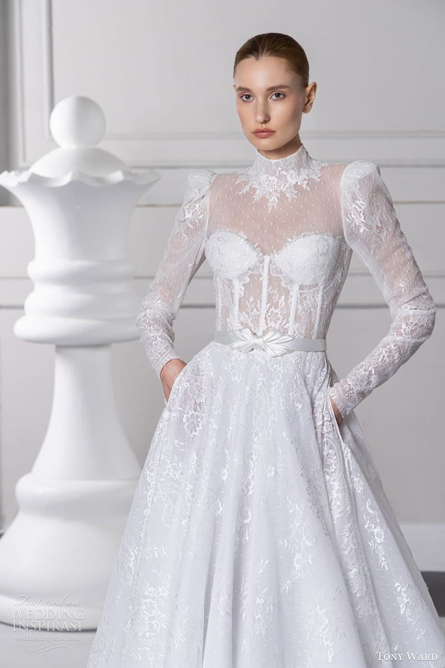 tony ward fall 2024 bridal long puff sleeve high neckline sheer corset bodice a line ball gown wedding dress chapel train (15) zv