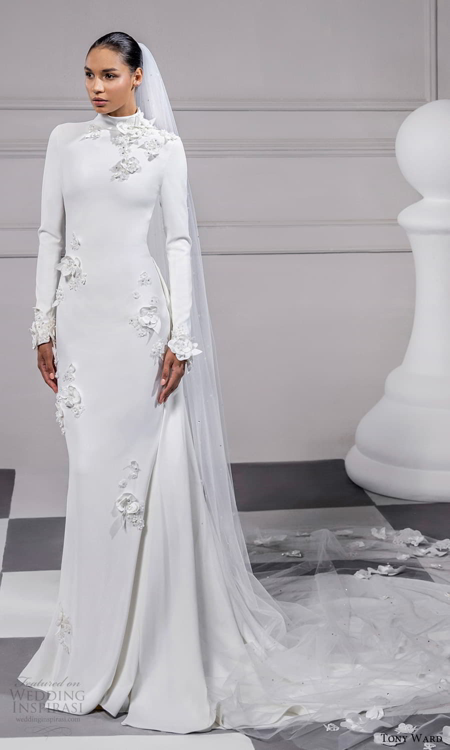 tony ward fall 2024 bridal long sleeve high neckline clean minimalist sheath wedding dress chapel train (5) mv tony ward fall 2024 bridal long sleeve high neckline clean minimalist sheath wedding dress chapel train (5) mv