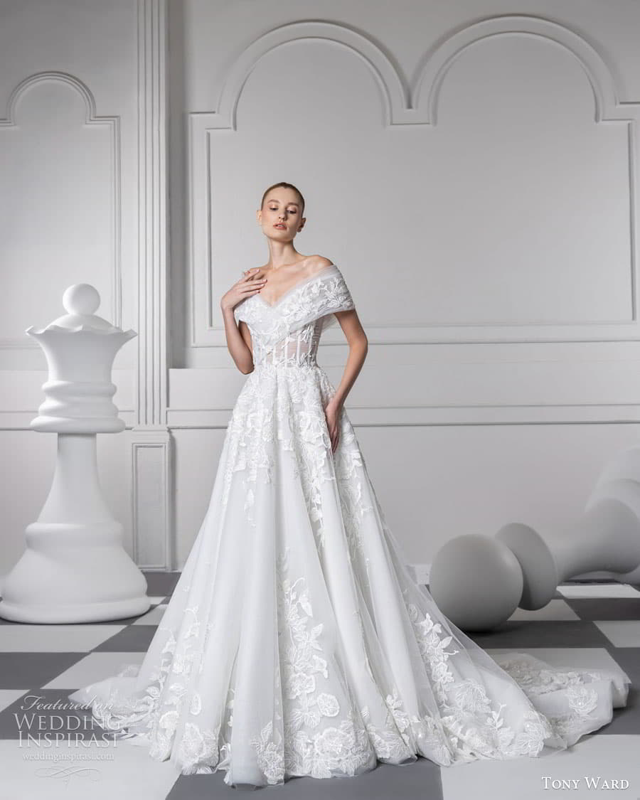 tony ward fall 2024 bridal off shoulder sleeve surplice sweetheart neckline a line ball gown wedding dress chapel train (12) mv