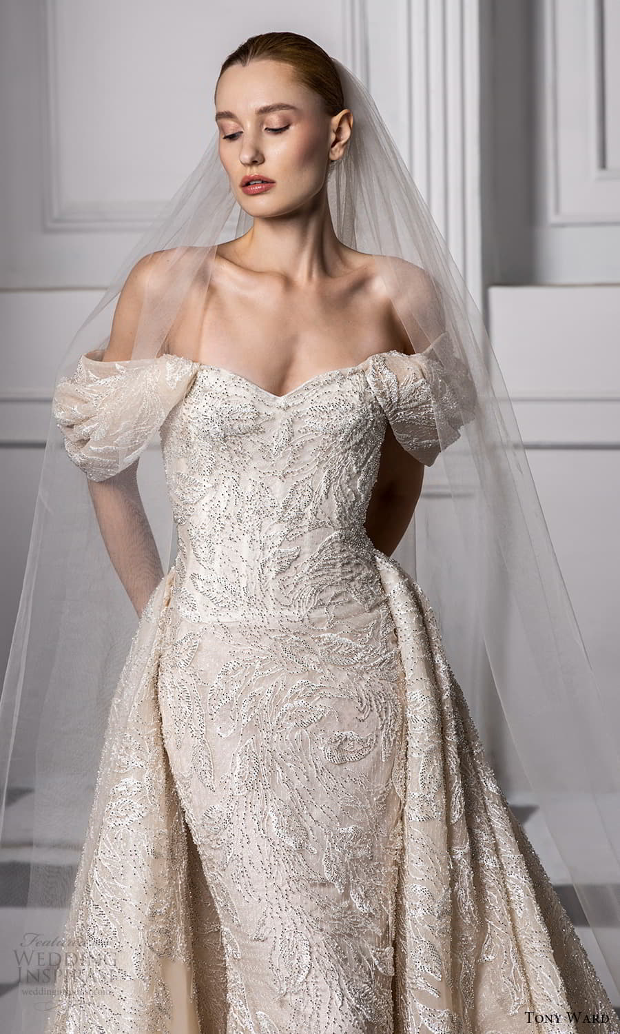 tony ward fall 2024 bridal off shoulder strap swag sleeve sweetheart neckline fully embellished sheath wedding dress a line ball gown overskirt chapel train (2) zv