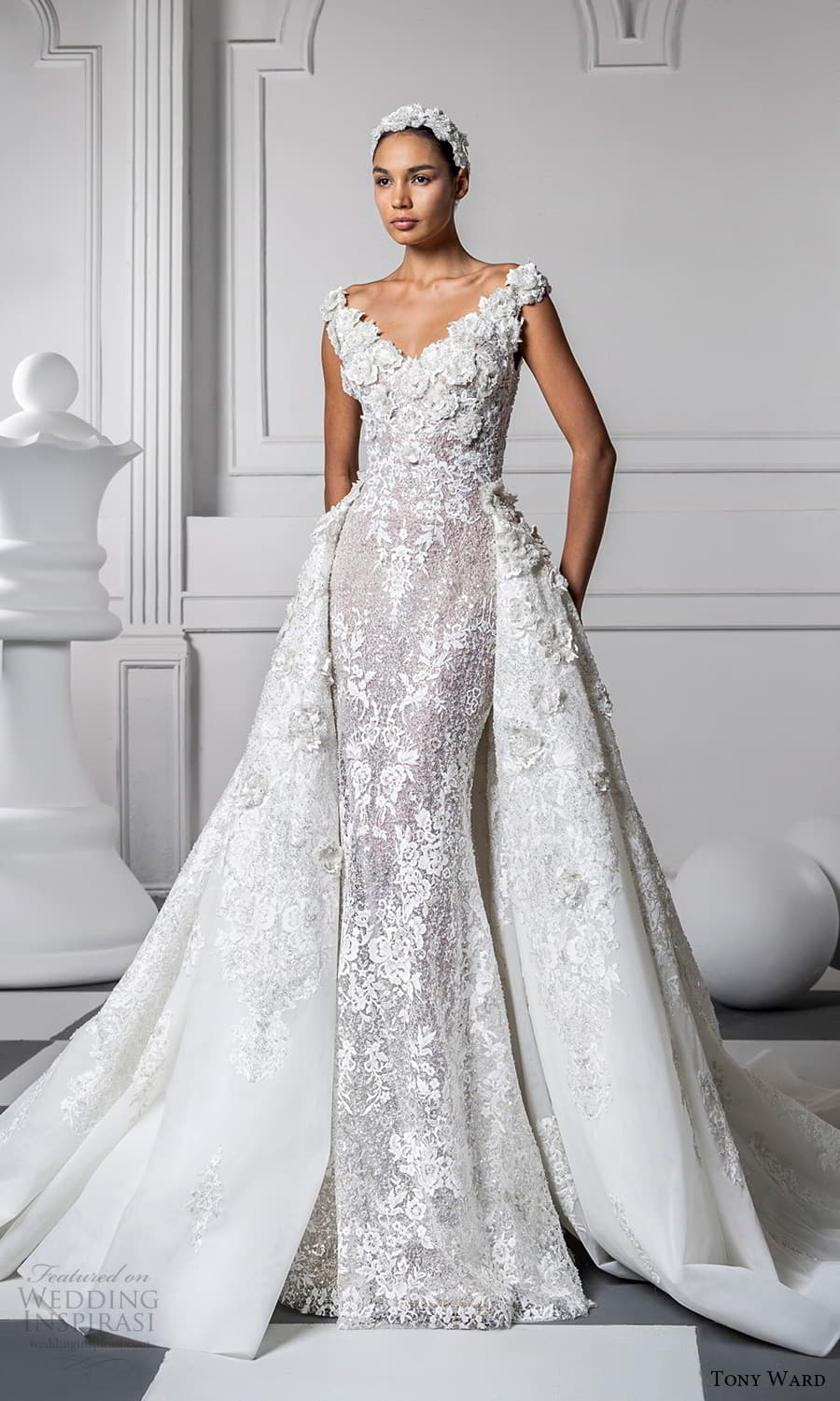 tony ward fall 2024 bridal off shoulder strap sweetheart neckline heavily embellished sheath wedding dress chapel train a line overskirt chapel train (3) mv