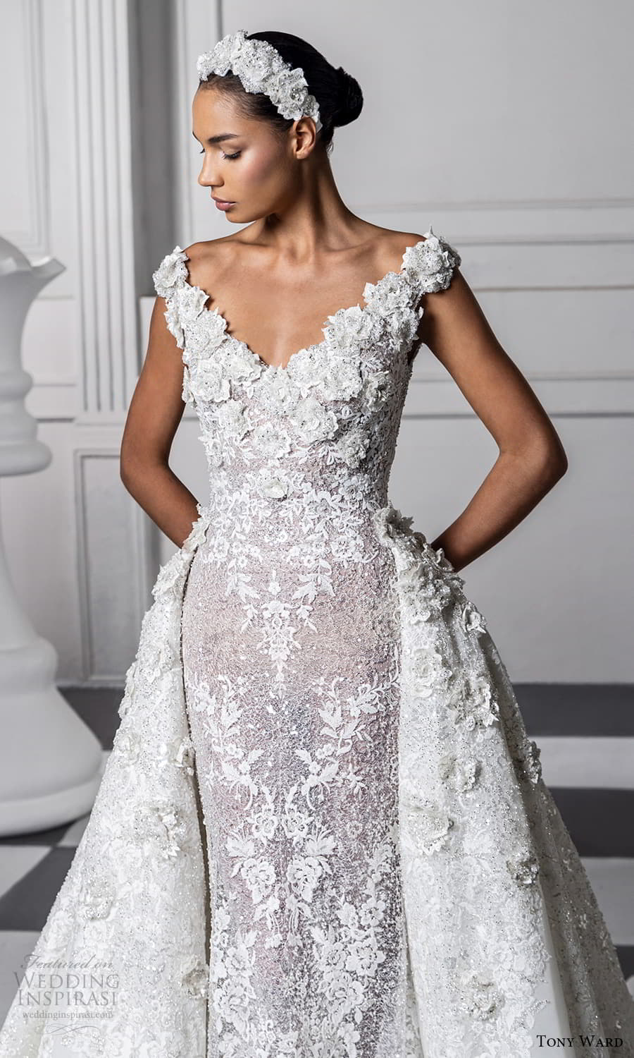 tony ward fall 2024 bridal off shoulder strap sweetheart neckline heavily embellished sheath wedding dress chapel train a line overskirt chapel train (3) zv