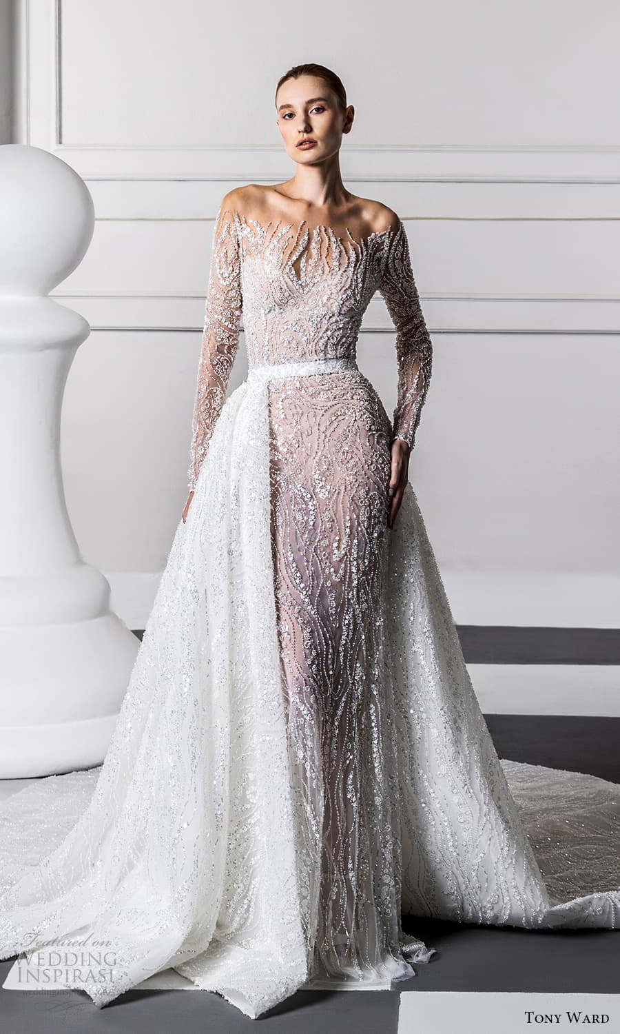tony ward fall 2024 bridal sheer long sleeve illusion neckline fully embellished sheath wedding dresss a line overskirt chapel train (1) mv tony ward fall 2024 bridal sheer long sleeve illusion neckline fully embellished sheath wedding dresss a line overskirt chapel train (1) mv