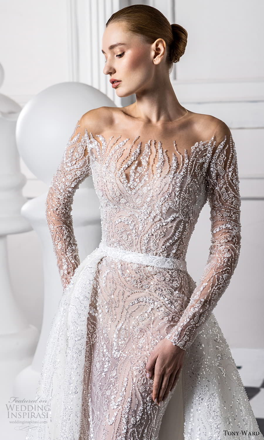 tony ward fall 2024 bridal sheer long sleeve illusion neckline fully embellished sheath wedding dresss a line overskirt chapel train (1) zv