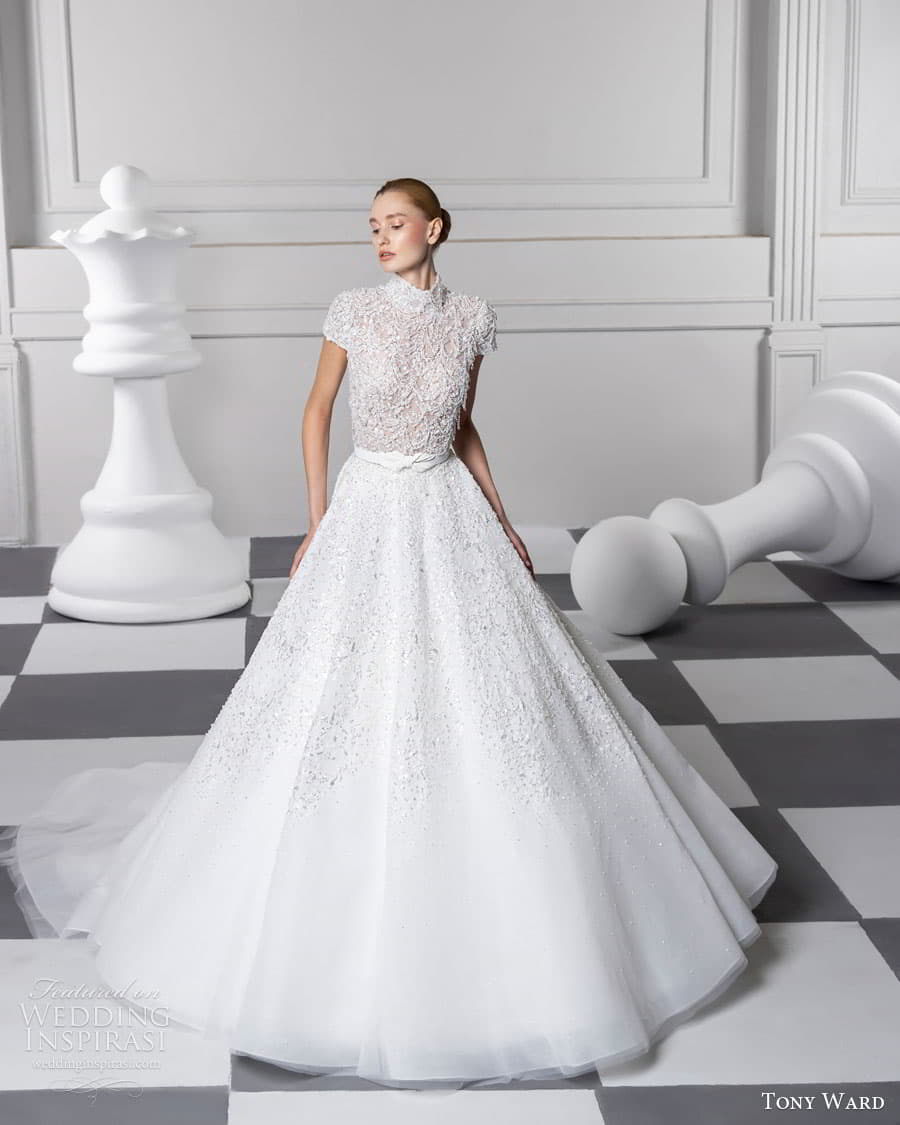 tony ward fall 2024 bridal short sleeve high neckline fully embellished a line ball gown wedding dress chapel train (16) mv