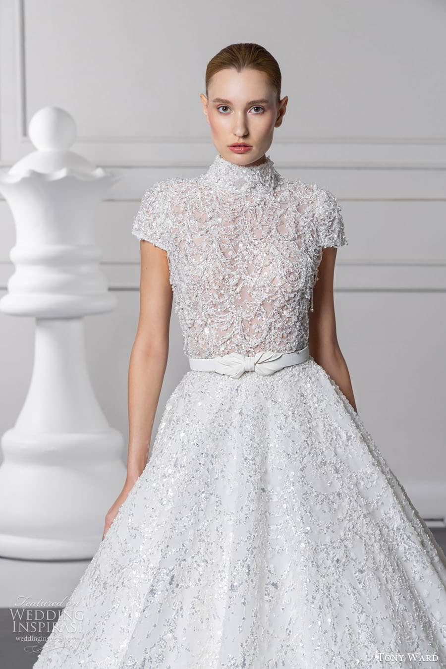 tony ward fall 2024 bridal short sleeve high neckline fully embellished a line ball gown wedding dress chapel train (16) zv