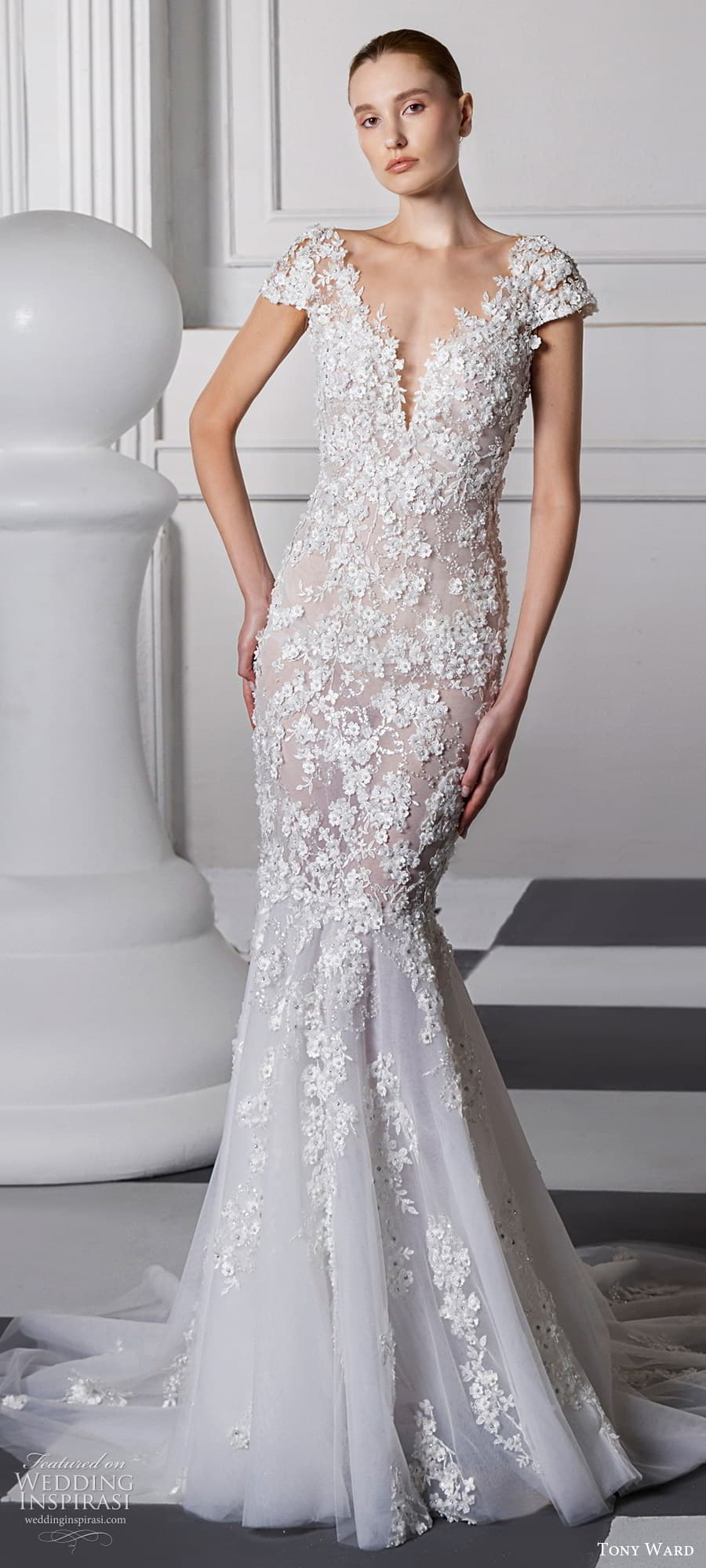 tony ward fall 2024 bridal short sleeve illusion sweethaert neckline fully embellished fit flare wedding dress chapel train (6) mv tony ward fall 2024 bridal short sleeve illusion sweethaert neckline fully embellished fit flare wedding dress chapel train (6) mv