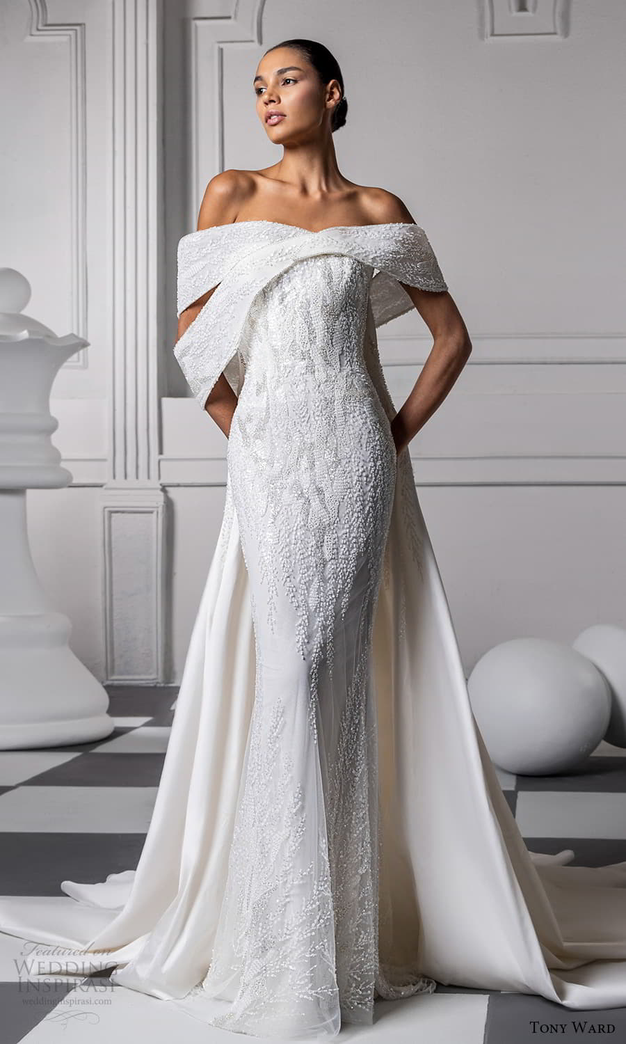 tony ward fall 2024 bridal swag sleeve off shoulder neckline heavily embellished sheath wedding dress chapel train (4) mv