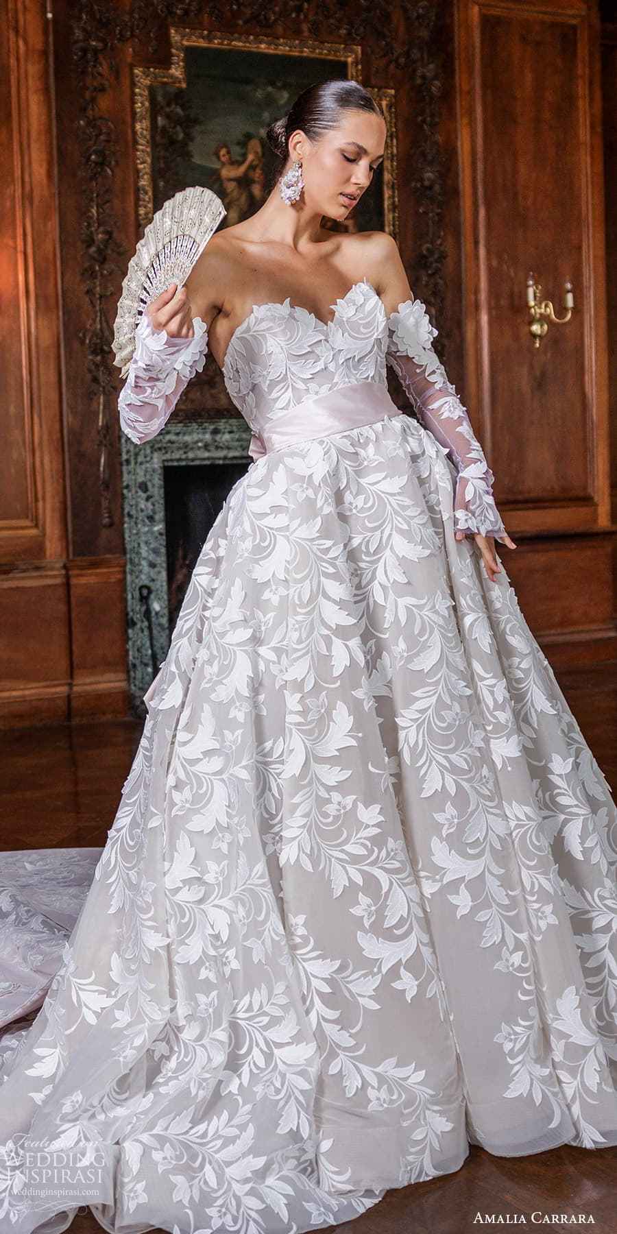 amalia carrara spring 2024 bridal detached long sleeve strapless sweetheart neckline fully embellished lace a line ball gown wedding dress chapel train (5) lv
