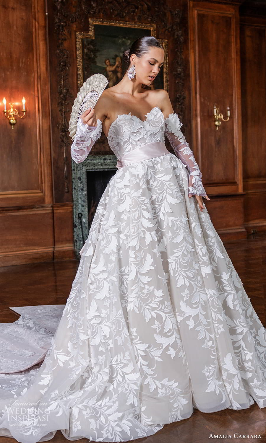 amalia carrara spring 2024 bridal detached long sleeve strapless sweetheart neckline fully embellished lace a line ball gown wedding dress chapel train (5) mv